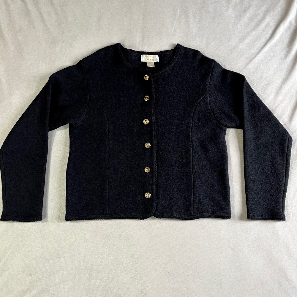 Tally-Ho Vintage Black 100% Boiled Wool Sweater XL Classic Lady Preppy Jacket
